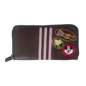 VTG Y2K Disney Brown Leather Wallet with Pink Stripes and Patches